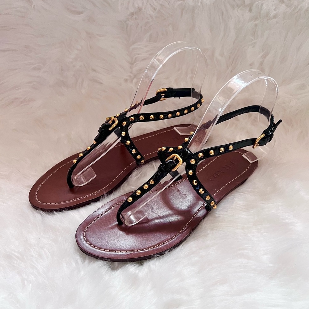 PRADA Patent Leather T-strap Spike Studded Sandals